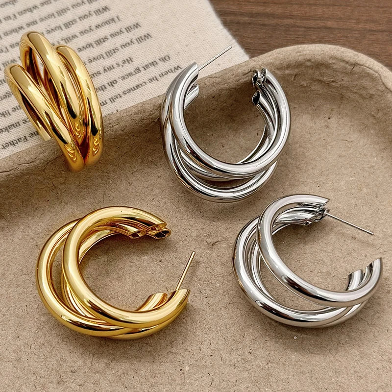Retro C-Shape Triple Hoops